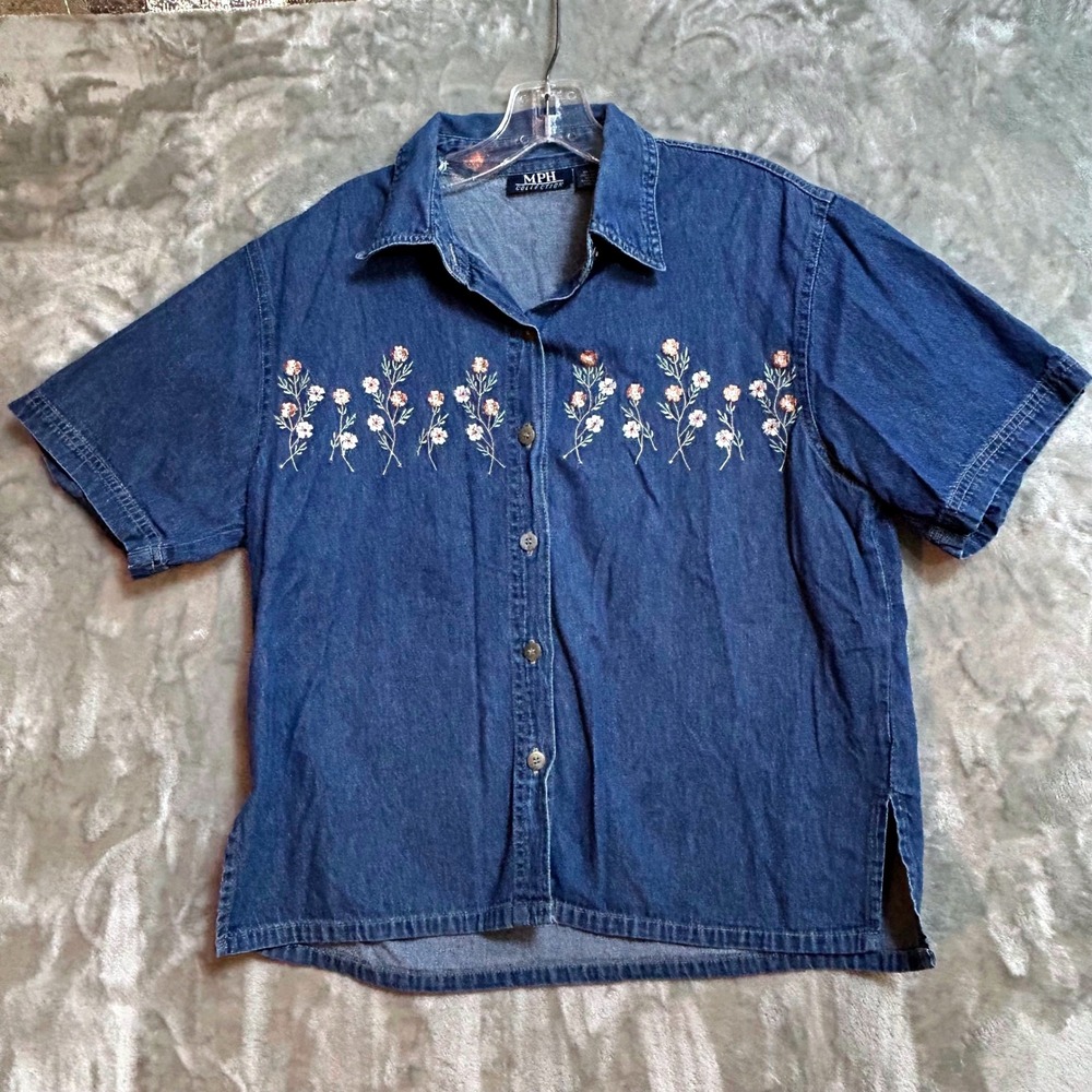 MPH Collection Womens Large Blue Denim Floral Embroidered Short Sleeve Shirt